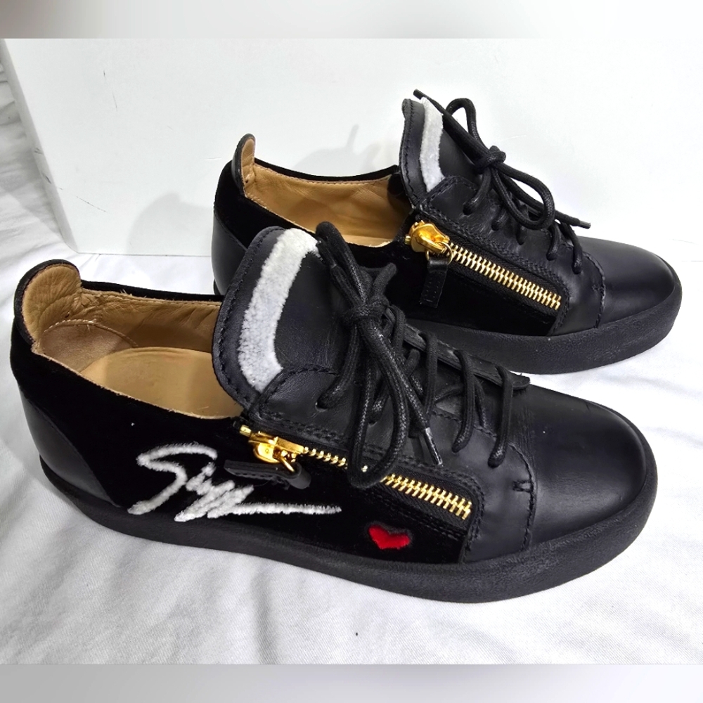 Giuseppe Zanotti Velvet Leather Black Gail Signature Low Trainer Sneaker Sz 38.5